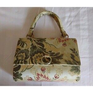 Vtg Lewis Tapestry Brocade Floral Handbag Purse GC Gold Trim Gorgeous! USA